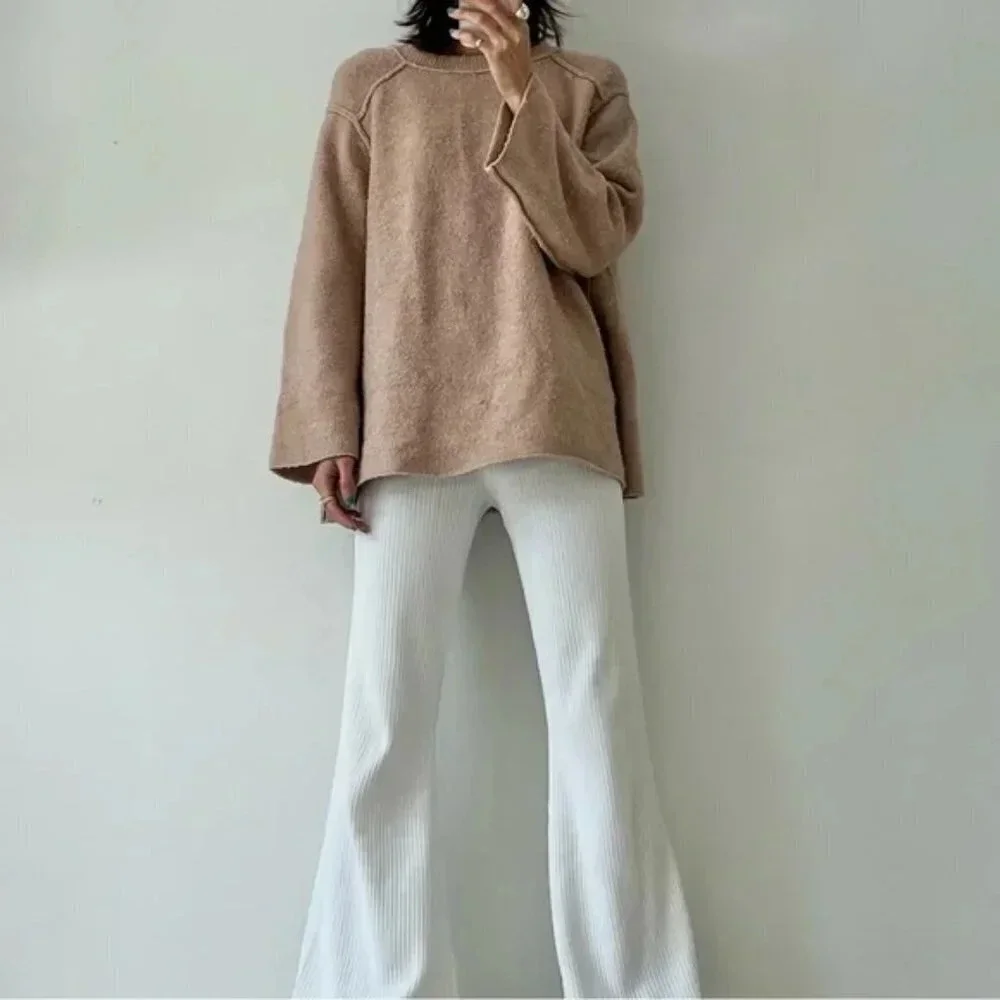 Zara Knit Exposed Seam Oversized Jumper Sweater Tan Beige Sz Small - Picture 2 of 8